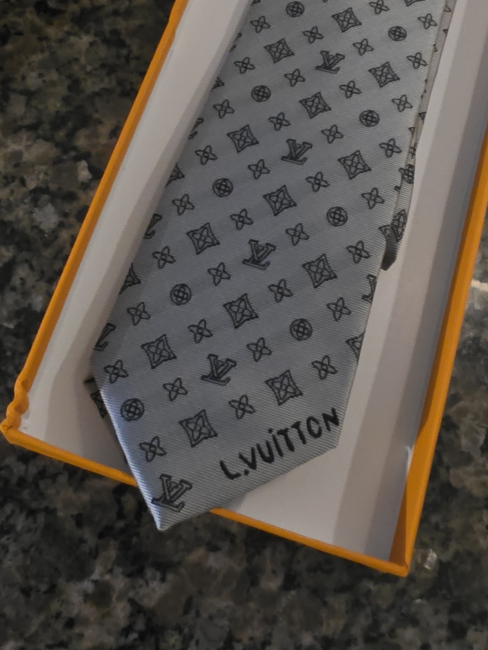 Louis Vuitton Light Gray Monogram Silk Tie with Subtle Black Pattern